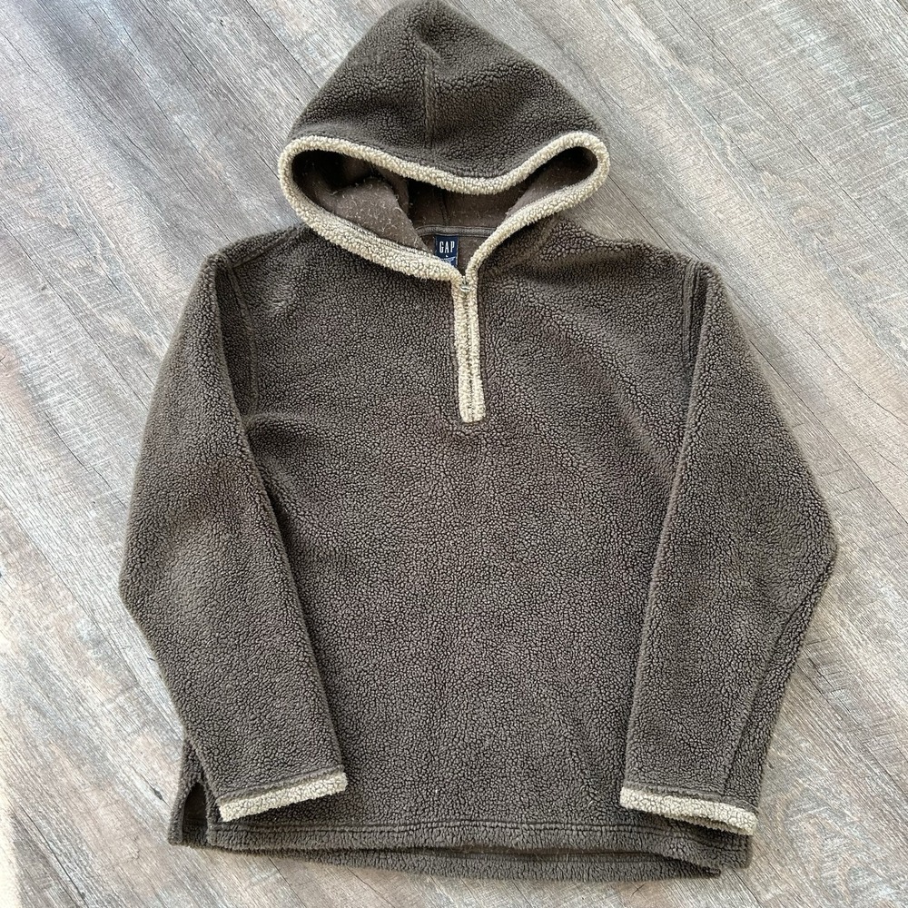 Vintage Gap Sherpa Fleece Hooded Quarter Zip Pullover Brown Womens Size L 90s